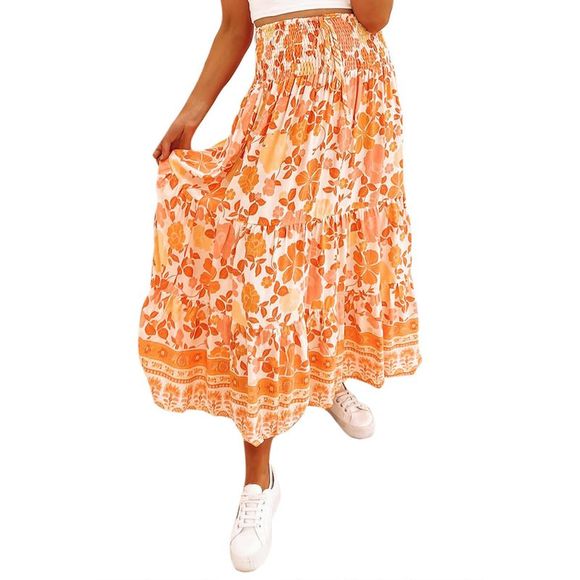 Azura Exchange  Orange Floral Print Smocked High Waist A-line Maxi Skirt - Picture 3 of 4